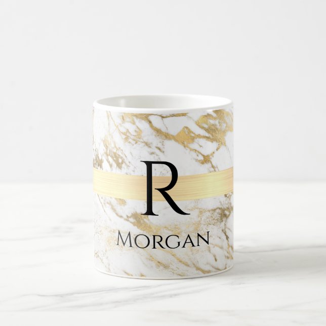 White & Gold Marble, Gold Bar, Black Name Monogram Coffee Mug (Center)
