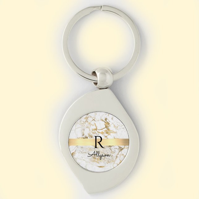 White & Gold Marble, Gold Bar, Black Name Monogram Key Ring (Creator Uploaded)