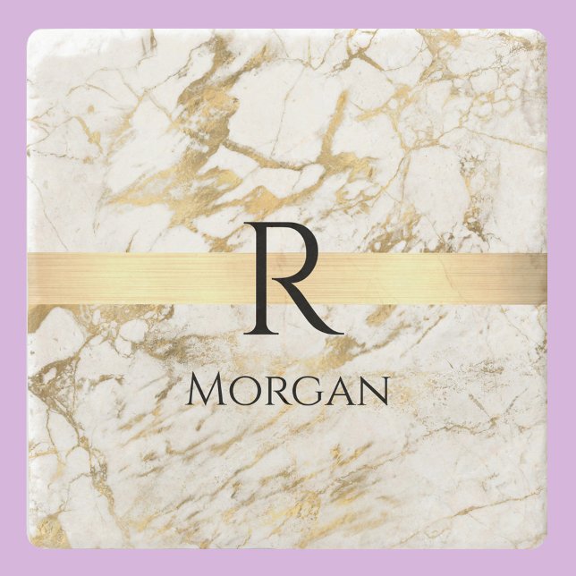 White & Gold Marble Gold Bar, Black Name Monogram Stone Coaster (Creator Uploaded)
