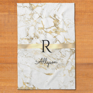 White & Gold Marble Gold Bar Script Name, Monogram Tea Towel