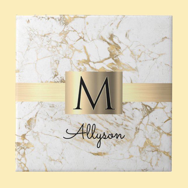 White & Gold Marble Gold Box, Black Name Monogram Ceramic Tile (Creator Uploaded)