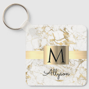 White & Gold Marble Gold Box, Black Name Monogram Key Ring