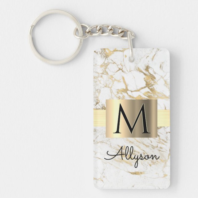 White & Gold Marble, Gold Box, Black Name Monogram Key Ring (Front)