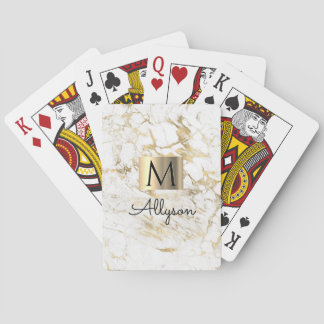White & Gold Marble, Gold Box, Name & Monogram Playing Cards