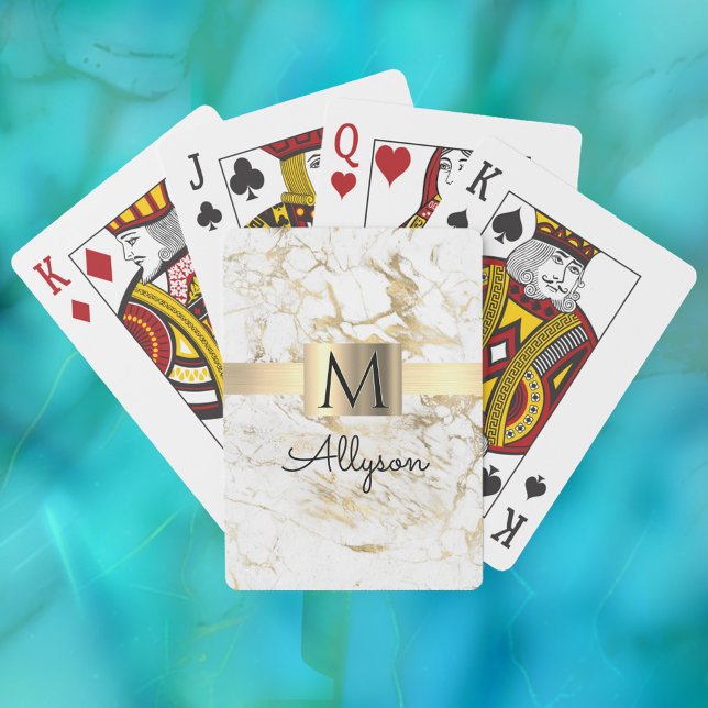 White & Gold Marble, Gold Box, Name & Monogram Vs2 Playing Cards (Creator Uploaded)