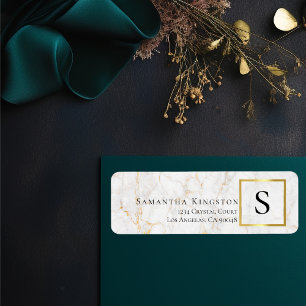 White & Gold Marble   Monogram Return Address Label
