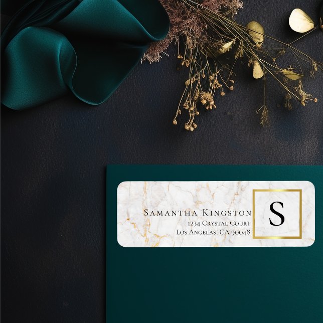 White & Gold Marble | Monogram Return Address Label (Creator Uploaded)