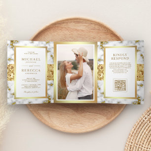 White Gold Marble Photo QR Code Wedding Tri-Fold Invitation