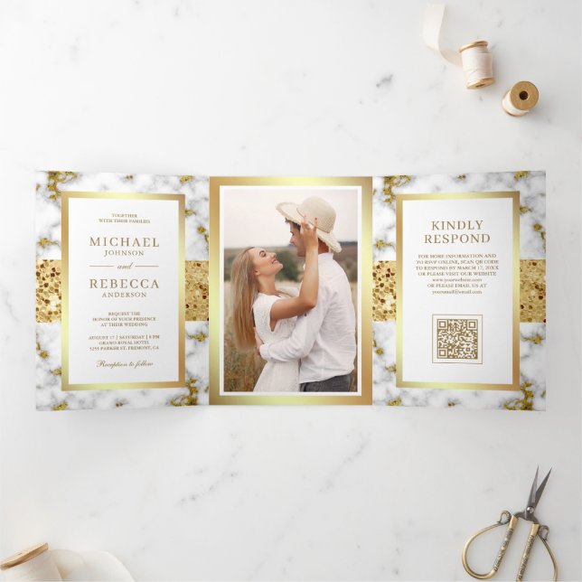 White Gold Marble Photo QR Code Wedding Tri-Fold Invitation (Inside)