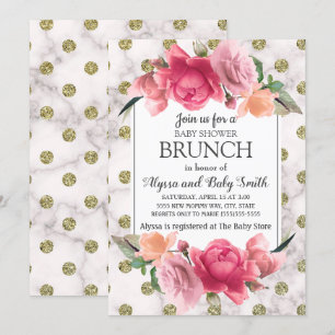 White Gold Marble Pink Floral Baby Shower Brunch Invitation