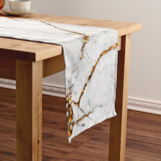 White & gold marble short table runner (In Situ)