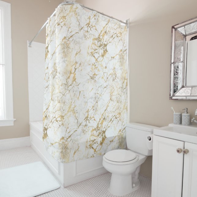 White & Gold Marble Shower Curtain (In Situ)