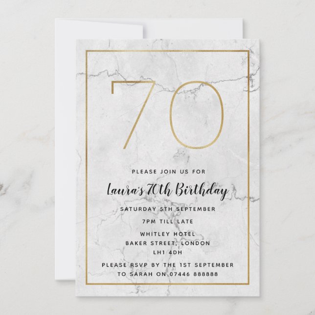 White & Gold Marbled 70th Birthday Invites (Front)