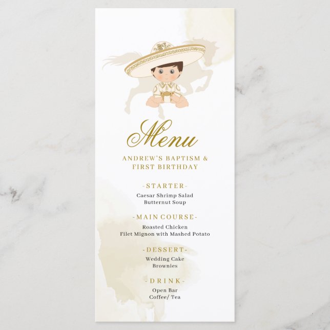 White Gold Mexican Boy Baptism 1st Birthday Menu (Front)