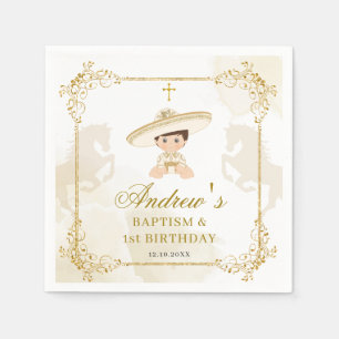 White Gold Mexican Boy Baptism 1st Birthday Paper Napkin
