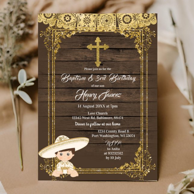 White & Gold Mexican Charro baptism & 3rd Birthday Invitation (Creator Uploaded)