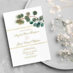 White gold mint green eucalyptus leaves wedding invitation