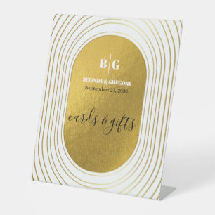 White & Gold Modern Arch Wedding Cards & Gifts Pedestal Sign