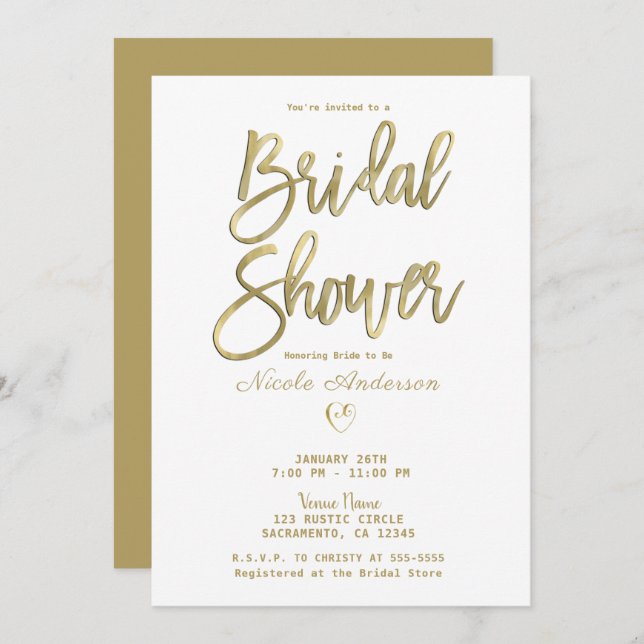 White & Gold Modern Minimal Chic Bridal Shower    Invitation (Front/Back)