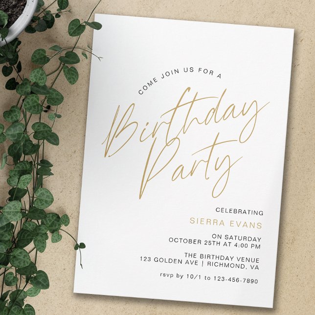 White & Gold | Modern Minimal Typography Birthday Invitation (Creator Uploaded)