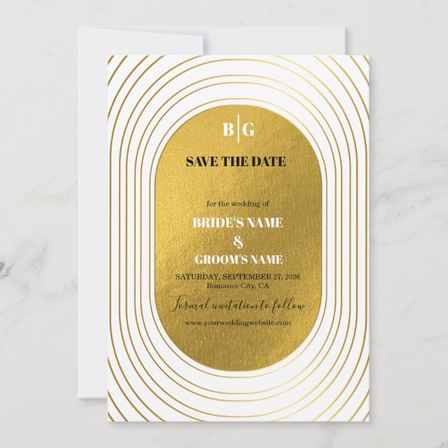 White & Gold Modern Minimalist Arch Wedding Save The Date (Front)