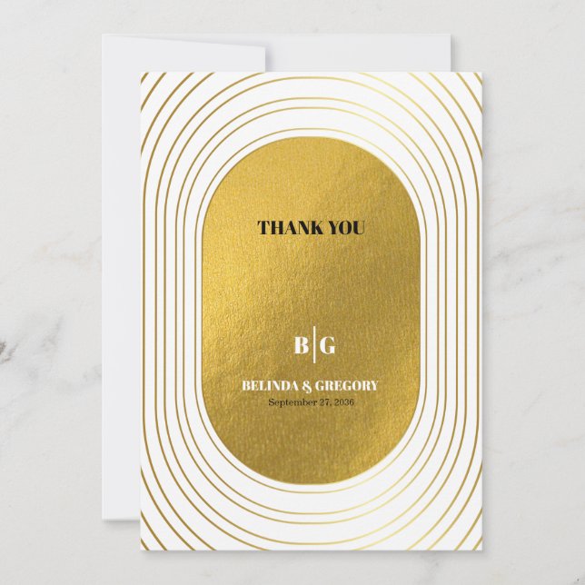 White & Gold Modern Minimalist Arch Wedding Thank You Card (Front)