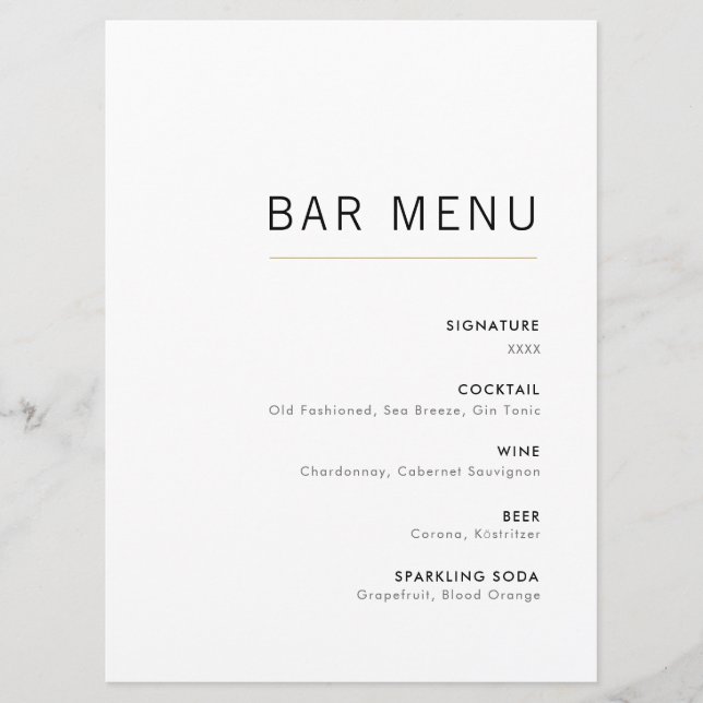 White & Gold Modern Minimalist Wedding Bar Menu (Front)