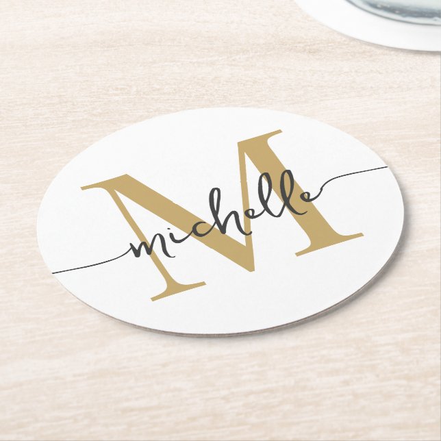 White Gold Modern Monogram Name Elegant Script  Round Paper Coaster (Angled)