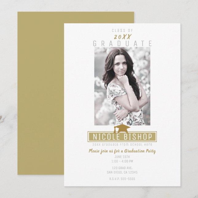 White Gold Modern Photo Graduation Party  Invitation (Front/Back)