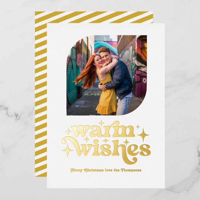 White & Gold Modern Retro Christmas Photo Foil Holiday Card (Front/Back)