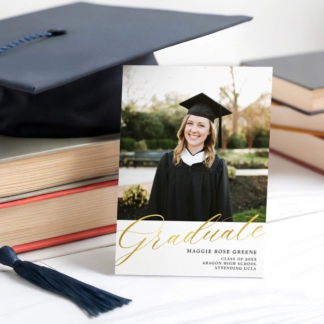  White Gold Modern Script | Graduation Photo Announcement (Creator Uploaded)
