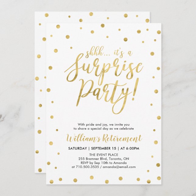 White & Gold | Modern Surprise Retirement Party Invitation (Front/Back)
