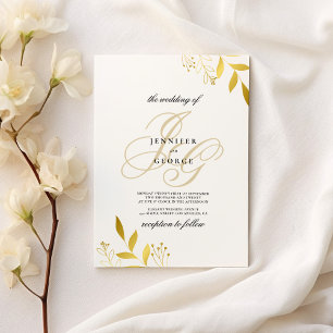 White gold monogram initials floral glam wedding  invitation