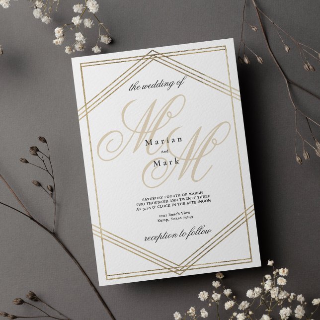 White gold monogram initials geometrical wedding invitation (White gold monogram initials geometrical wedding)
