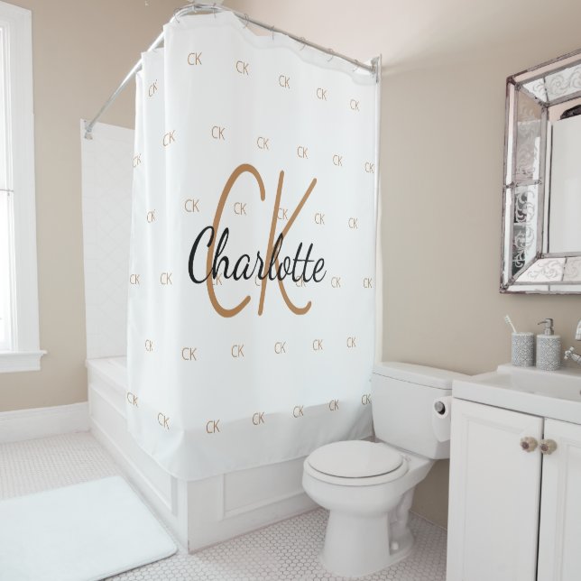 White gold monogram initials pattern name  shower curtain (In Situ)