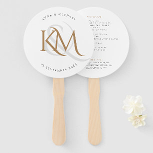 White Gold Monogram Modern Elegant Wedding Program Hand Fan