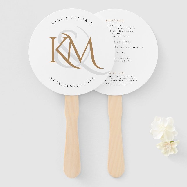 White Gold Monogram Modern Elegant Wedding Program Hand Fan (Front and Back)