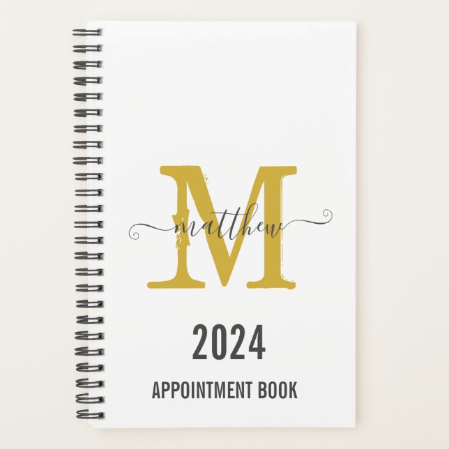 White & Gold Monogram Script Appointment Book  Planner (Front)