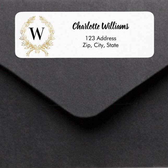 White gold monogram wreath return address label (Creator Uploaded)