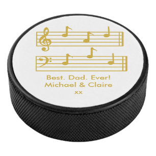 WHITE GOLD MUSIC LOVER NOTES BEST DAD EVER TREBLE HOCKEY PUCK