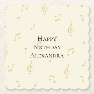 White Gold Music Notes Birthday Paper Coaster