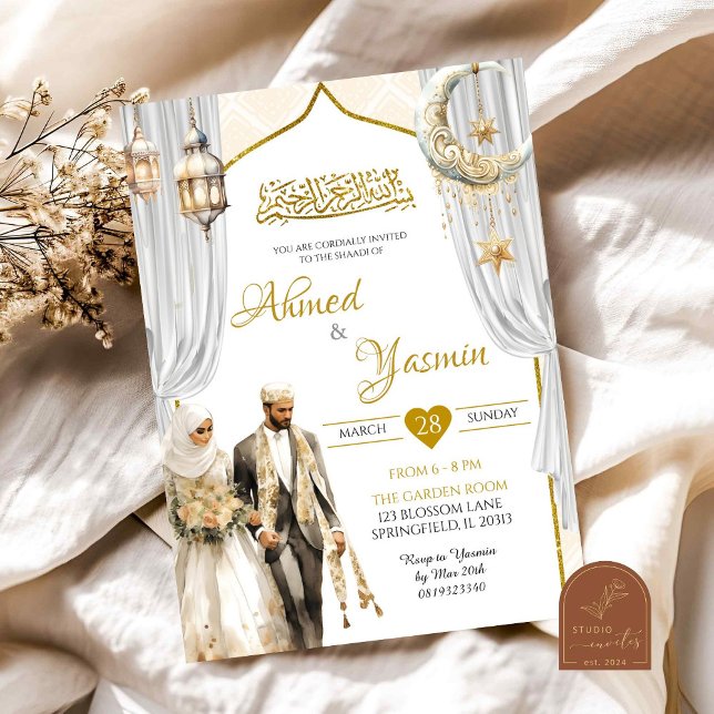 White Gold Muslim Baraat Wedding Ceremony Invitation (Creator Uploaded)