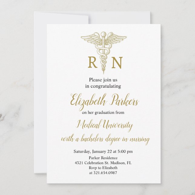 White Gold Nursing Graduation Party Invitation (Front)
