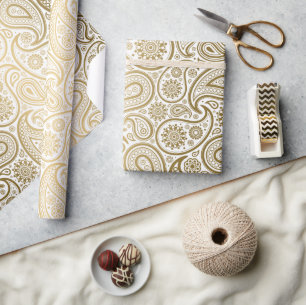 White & Gold Paisley Pattern Wrapping Paper