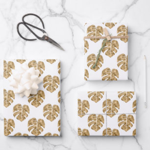 White Gold Palm Leaf Pattern Monstera Deliciosa Wrapping Paper Sheet