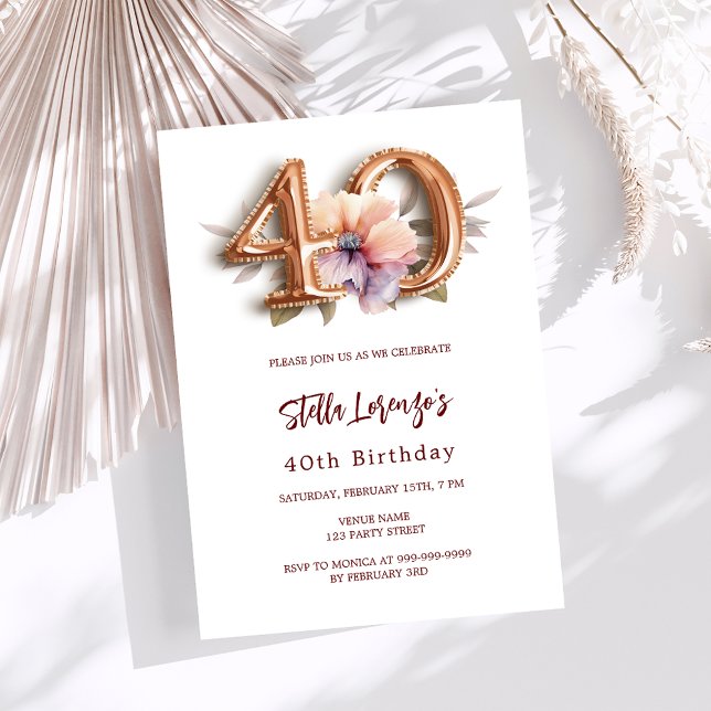 White gold peach floral 40th birthday invitation (Creator Uploaded)