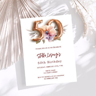 White gold peach floral 50th birthday invitation