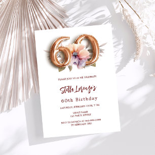 White gold peach floral 60th birthday invitation