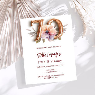 White gold peach floral 70th birthday luxury invitation