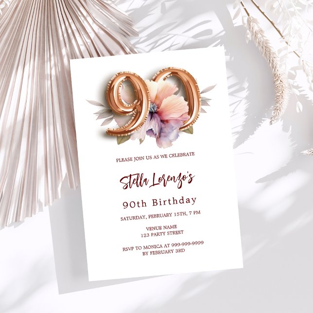 White gold peach floral 90th birthday invitation (Creator Uploaded)